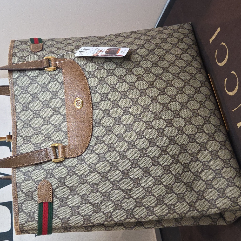 GUCCI 1970's Accessories Collection coated canvas/leather/webbing large tote bag - Picture 6 of 17